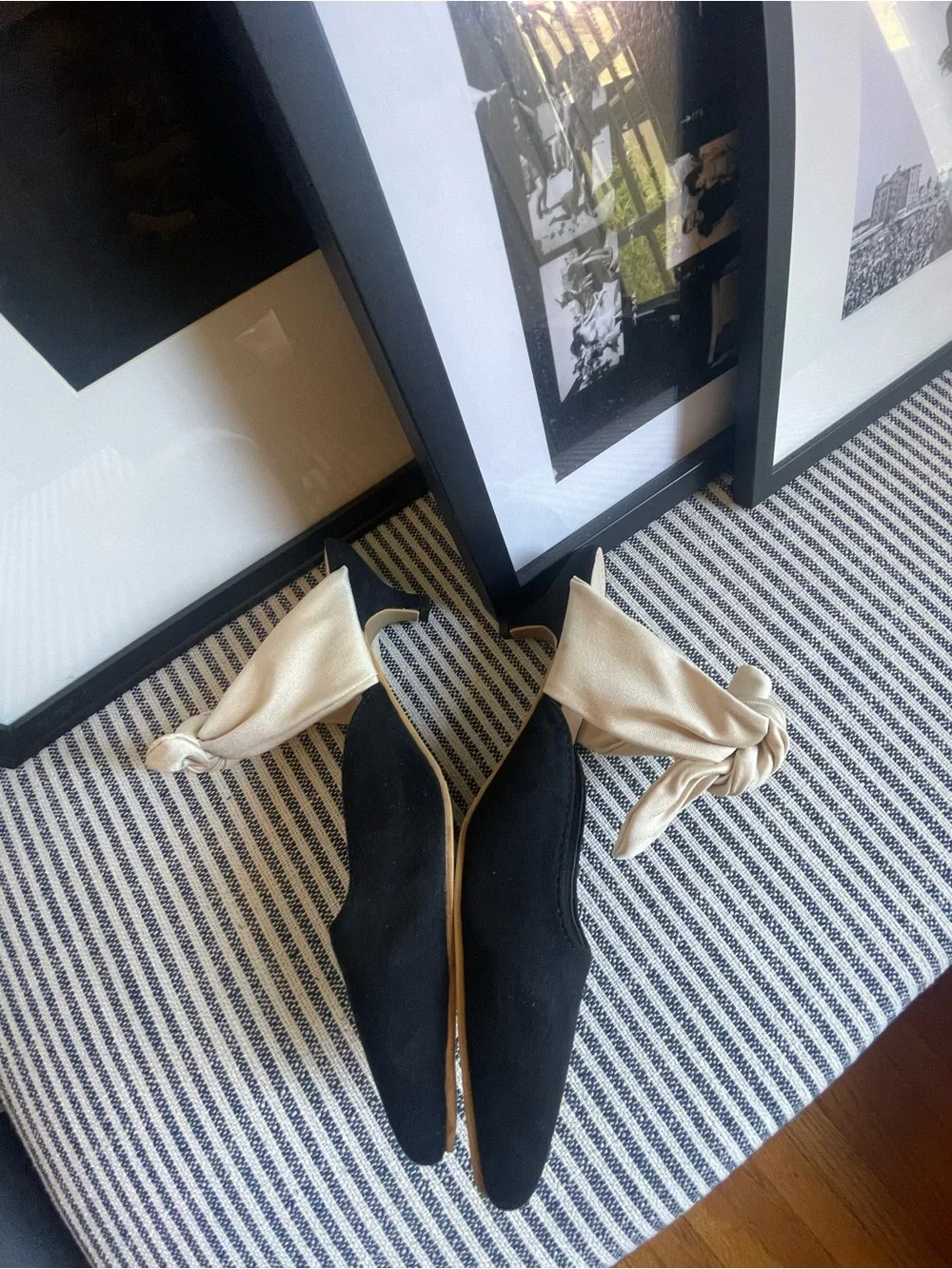 Black Pointed Toe Mule with Kitten Heels Cream Bow Accent - Picture 3 of 5
